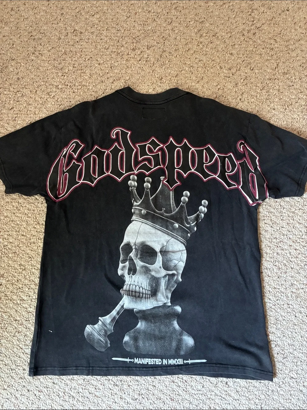 Men's Black Graphic GodSpeed Crewneck Tee with Subtle Chest Artwork
